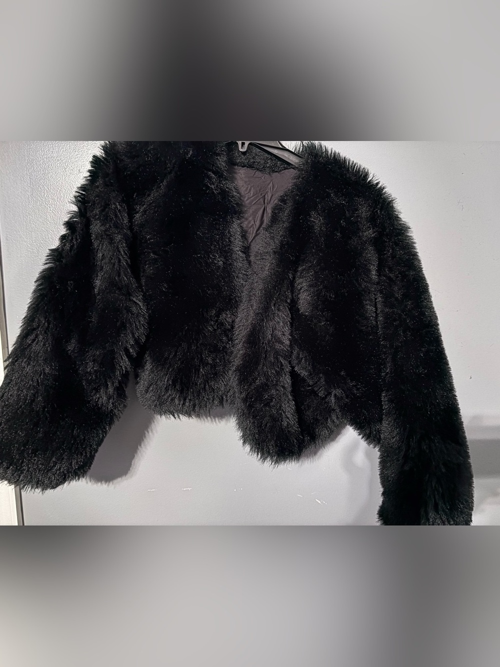 Plush Black Faux Fur Teddy Jacket - Women's Cropped Coat